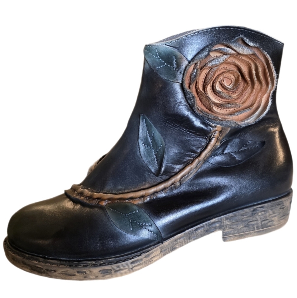 Socofy Black Leather Ankle Boots with 3D Rose & Leaf Appliqué SZ 42